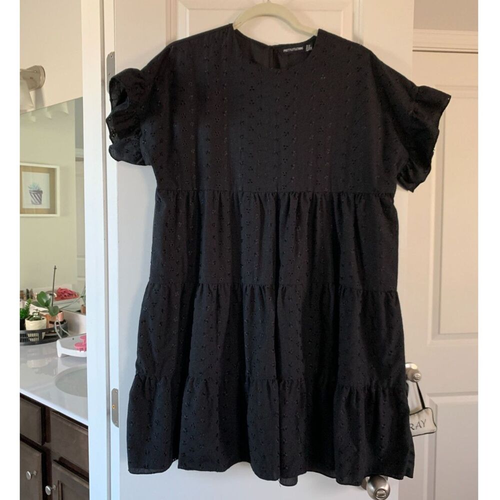 PrettyLittleThing Women Dress US12 Black Broderie Anglaise Smock CLV3671/30/68